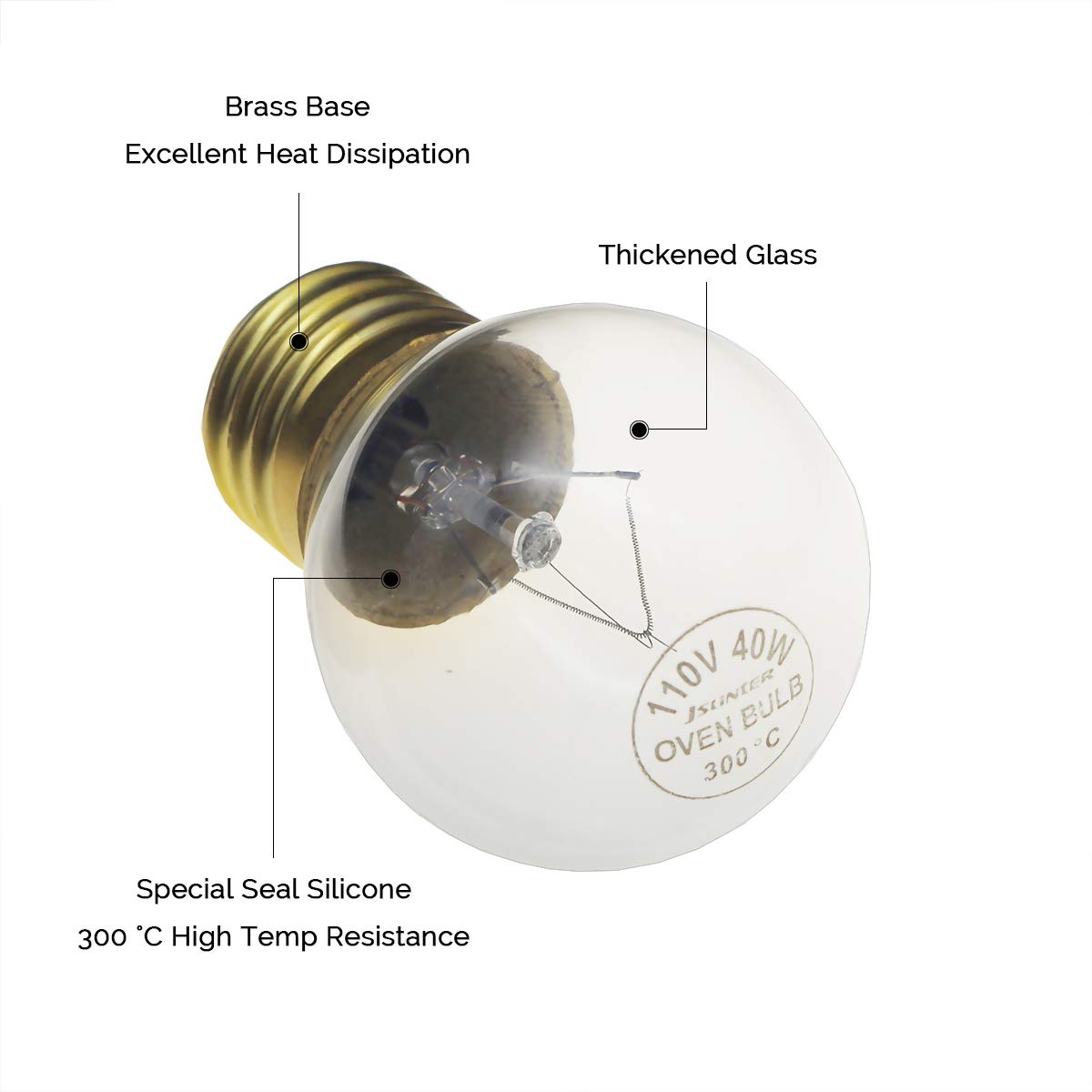 Jslinter 40W High Temp Oven Light Bulb - Clear Glass, E26/E27 Base, 415 Lumens, 4-Pack, White