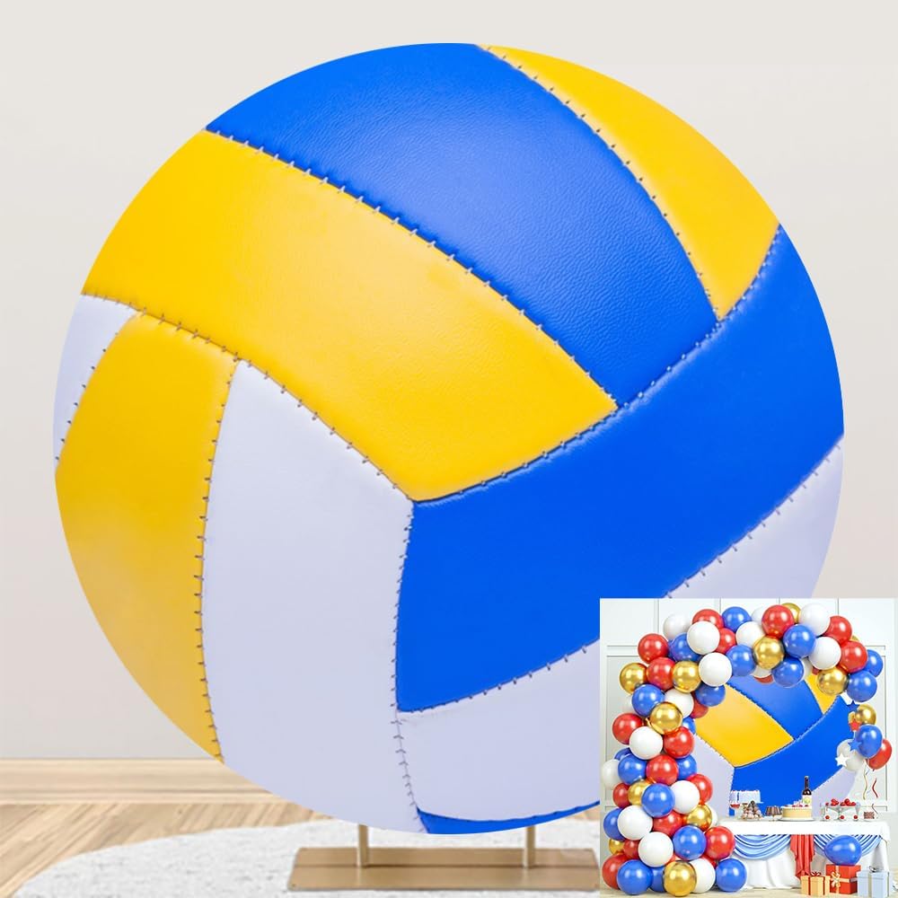 Leyiyi 6.5x6.5ft Abstract White Yellow Blue Colorful Volleyball Round Backdrop Cover Polyester Outdoor Sports Themed Photography Background Volleyball Party Photo Backdrop Birthday Party Deecorations