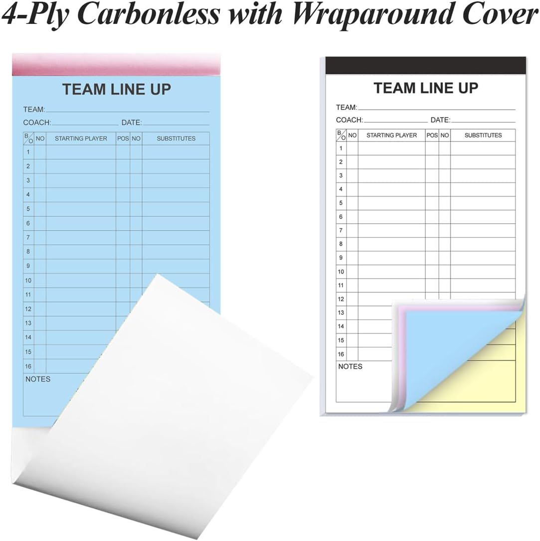 Baseball/Softball Lineup Cards, 4 Part Carbonless, 32 Player Roster Line up Sheets for Coaches, Team, Sports, 4.5" x 8"