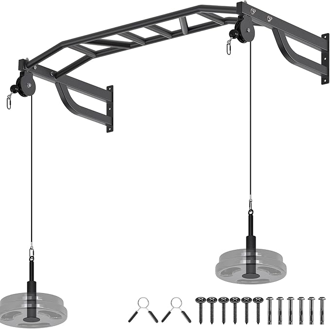 SELEWARE 48'' Heavy Duty Pull Up Bar Wall Mount Multi-function Chin up Bar with Home Gym Cable Pulley System LAT Pulldown ...