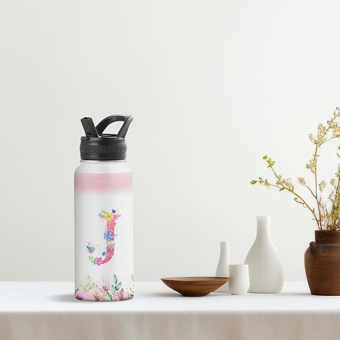 Personalized 32oz Water Bottle with Straw Customized Initial Letter Sport Bottles Monogrammed Initial Insulated Bottle Coffee Mug for Travel (J)