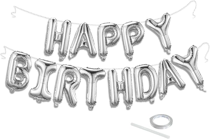 Silver Happy Birthday Balloon Banner Set -16 Inch Foil Letters Balloons, Reusable Birthday Decorations and Party Supplies,...