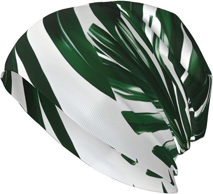 Green Palm Leafs Print Beanie Hat for Men and Women Stretchy Slouchy Winter Warm Cap Headwear Accessory