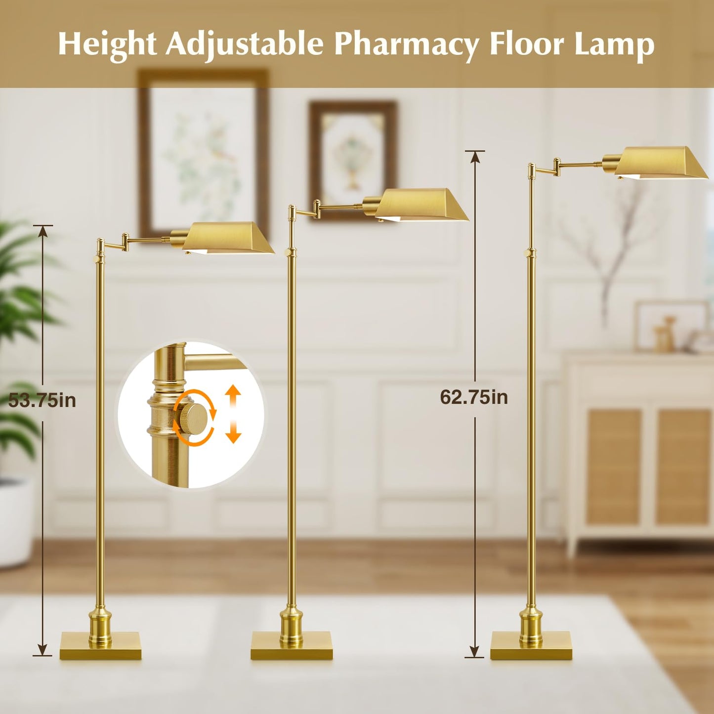 GyroVu Pharmacy Floor Lamp, 350? Swing Arm, 3 Color Temperatures, Metal Shade, 54inH x 9inW x 9inD, Black