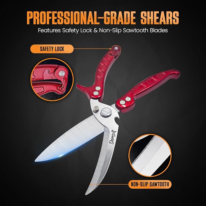 Poultry Shears, Kitchen Shears Heavy Duty for Food With Anti-Slip Handle & Safety Lock, Meat Scissors, Chicken, Lobster, Quail, Fish, Food Cutting Scissors, Bone Cutter (Ultra shears Red)