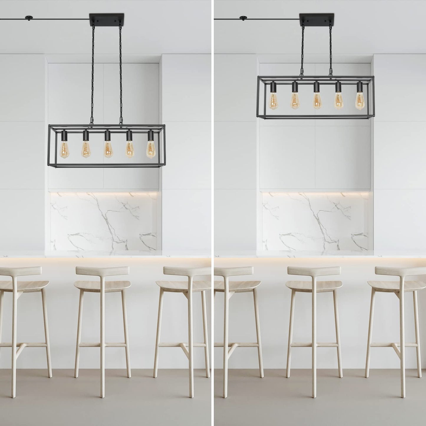 Black Farmhouse Plug In Kitchen Island Lighting  Industrial Modern 5-Light Linear Chandelier With 17.5Ft Cord  Rectangular Light Fixtures For Dining Living Room Bar