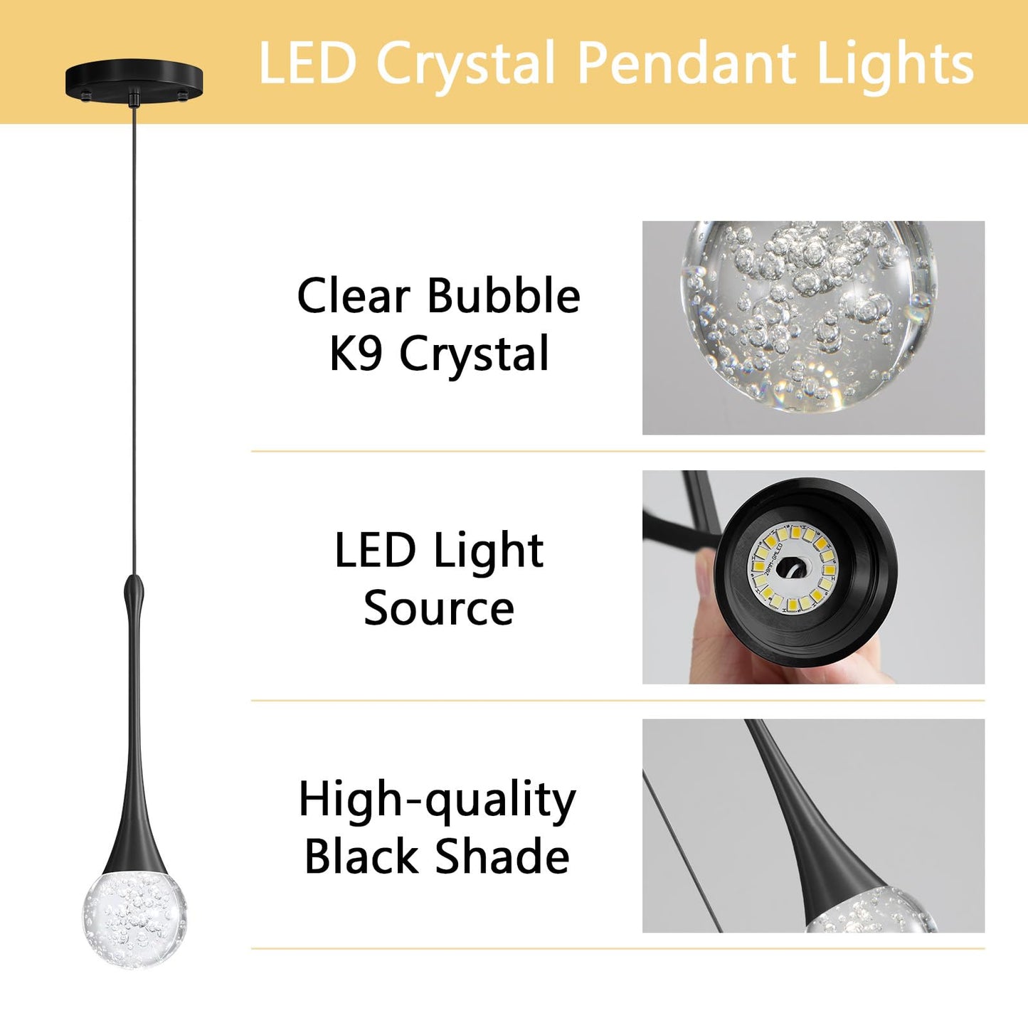 Cenozo Modern Pendant Lights For Kitchen Island Led Dimmable Crystal Glam Ceiling Pendant Lighting For Dining Room Hallway Bedroom Corner Lamp Black