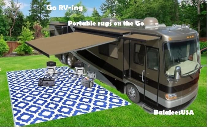 BalajeesUSA Outdoor Rug - 9x12 Blue, reversible Recycled Plastic straw Outdoor Patio Rugs Clearance Waterproof Large RV Camper Rug 484