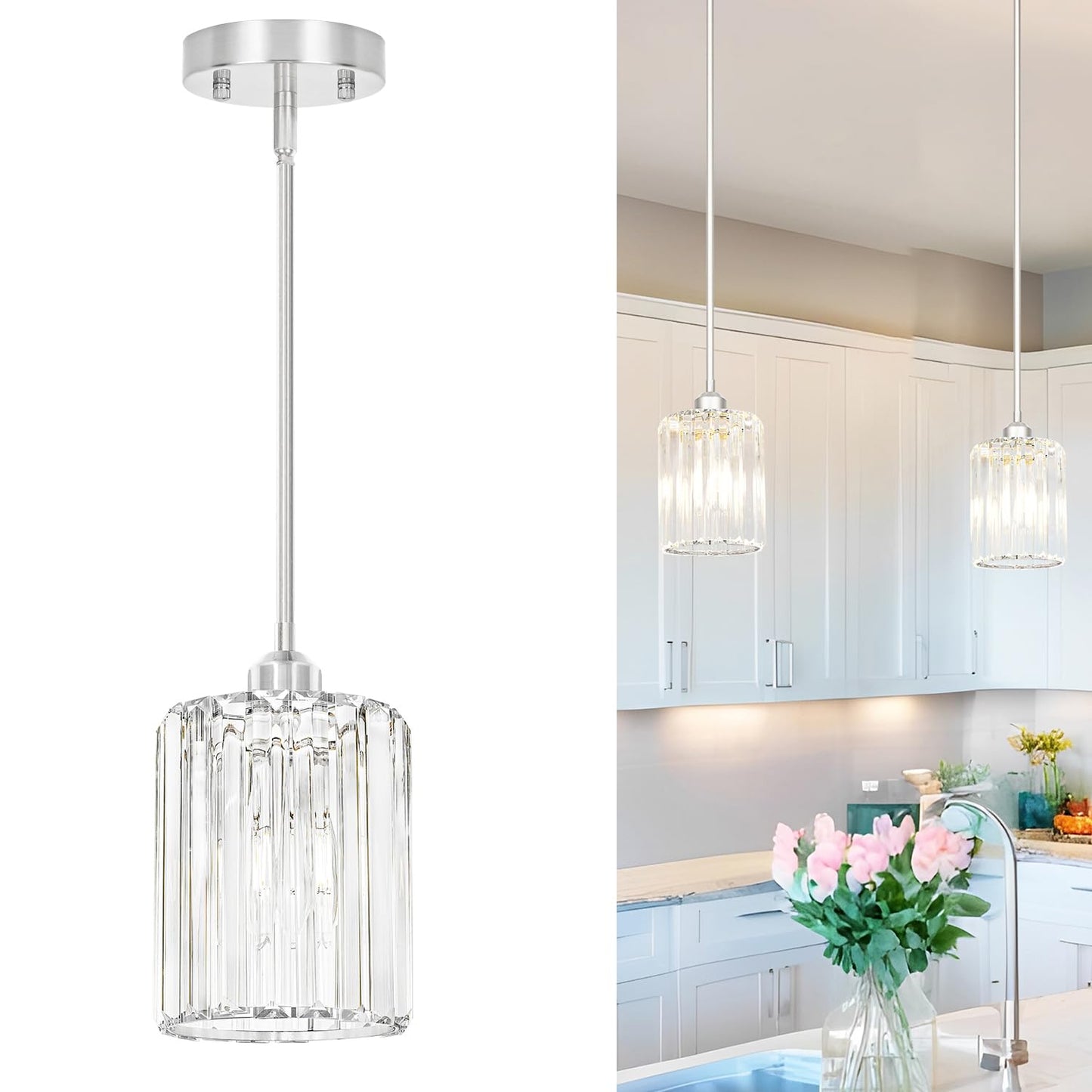 Chrome Kitchen Pendant Lights Over Island With Adjustable Rods - Crystal Pendant Lighting Fixtures For Sloped Ceiling  Ideal Over Dining Table Or Bar  E26 Bulb Compatible  No Electrician Needed
