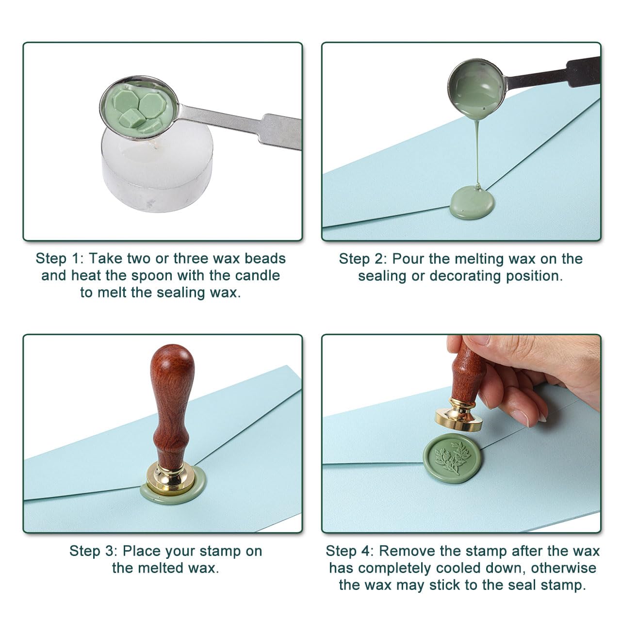 Yoption 360Pcs Sage Green Sealing Wax Beads, Sealing Wax Kit for Wax Seal Stamp, Hexagon Wax Seal Beads with 4Pcs Tea Candles and 2 Wax Seal Spoon