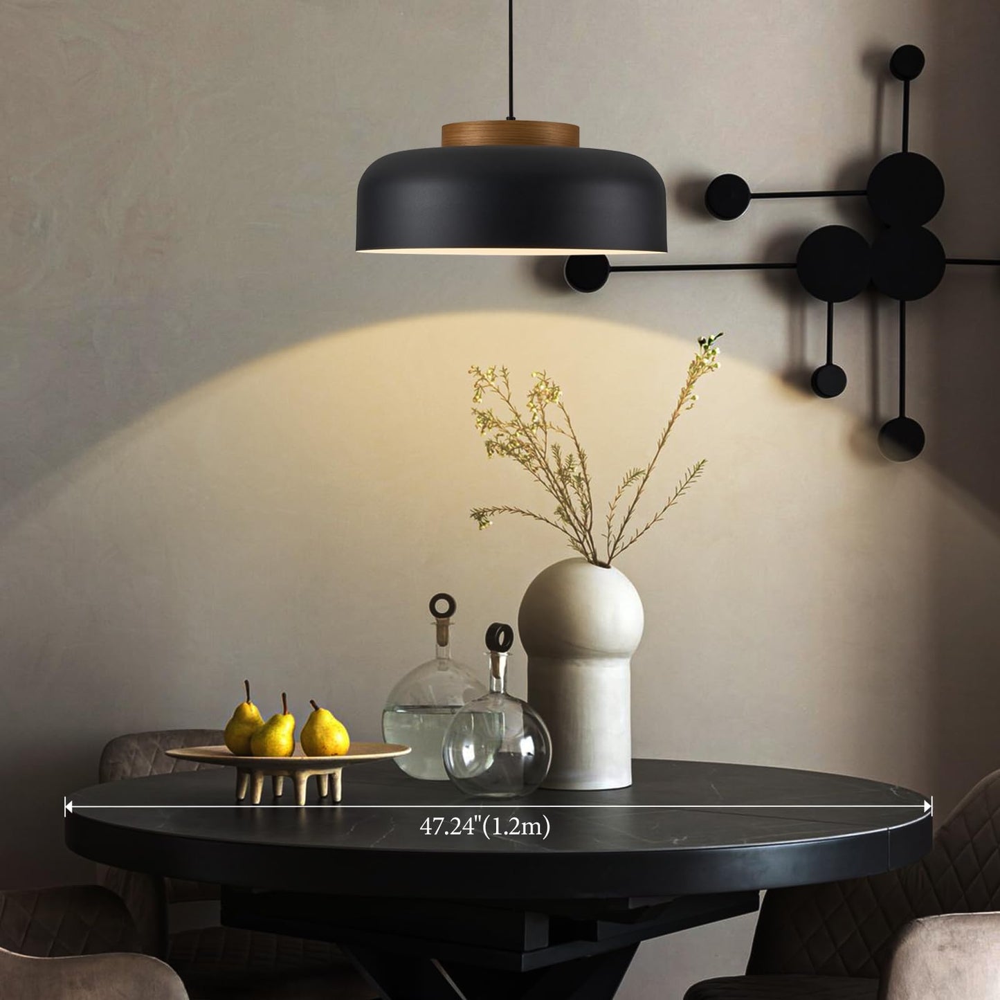 Modern Large Pendant Light Fixture  17.7 Inch Natural Wood Cap  Matte Black Finish  Simple Pendant Lighting For Kitchen Island  Dining Room  Table