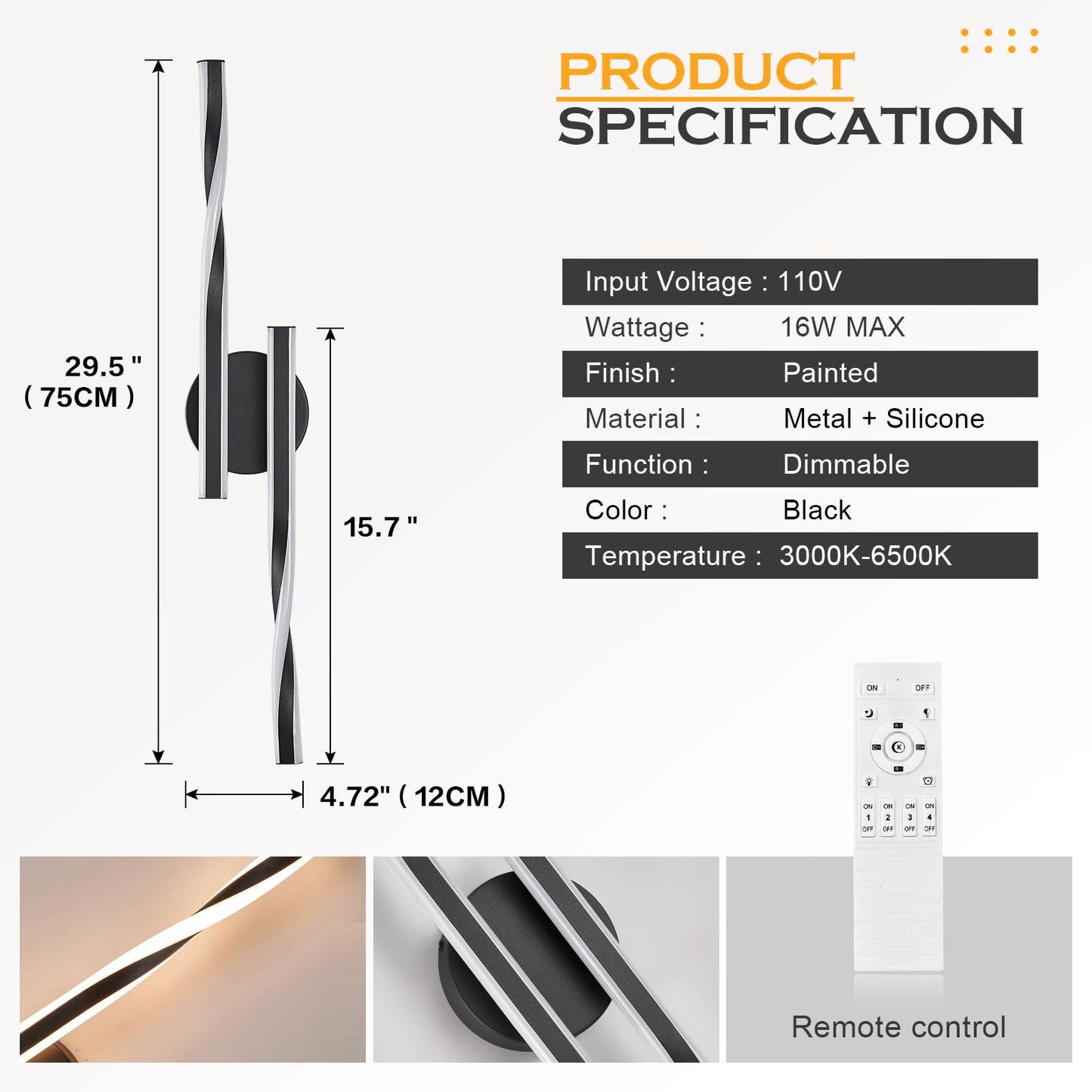 Benkut Modern LED Vanity Light Sconce Black Metal 30 Inch Remote Control 3000K-6500K for Bathroom Bedroom Dining Room