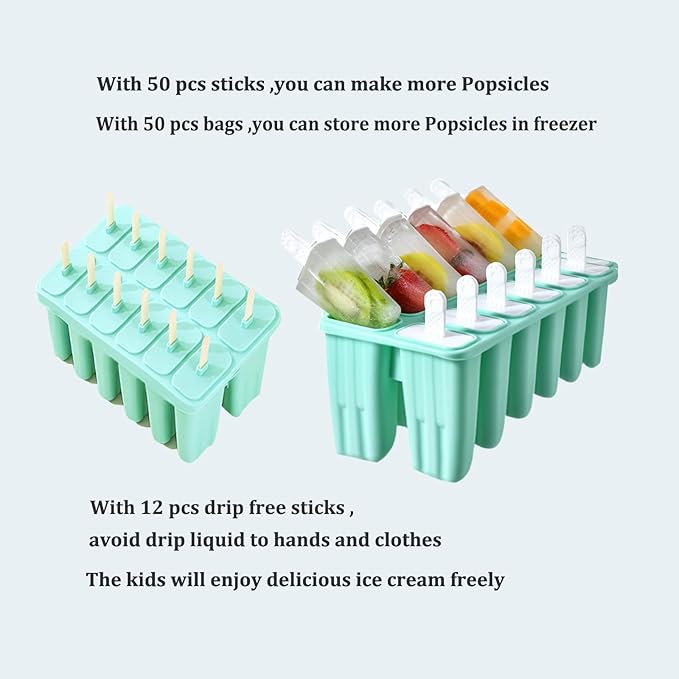 Silicone Popsicle Molds with Sticks Wpunwen 12 cavity Ice Popsicle MoldsIce Cream Mold with Clean Brush 12 Reusable Sticks 50 Sticks 50 Bags Green