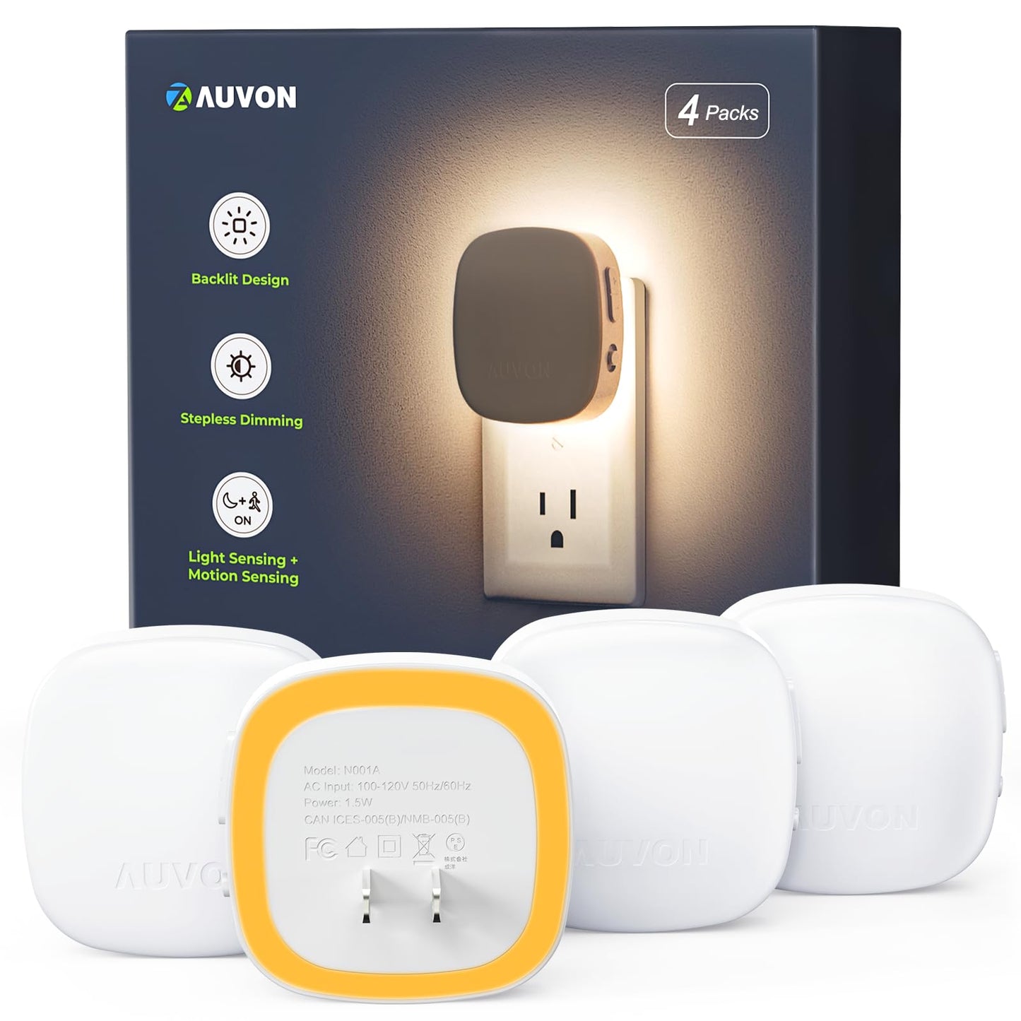 AUVON LED Backlit Night Light with Motion Sensor, Dimmable Amber, 1-50 lm Brightness, Model N001A, 4 Pack