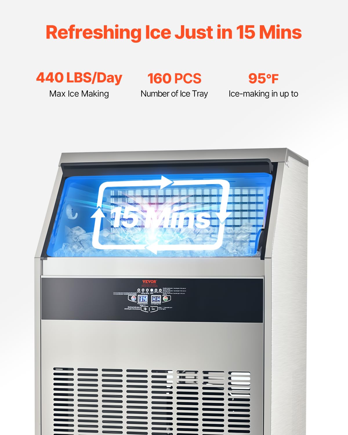 Vevor 440Lbs/24H Commercial Ice Maker Machine With Drain Pump, 110Lbs Storage Capacity Ice Maker, 160 Ice Cubes In 15 Minutes, L