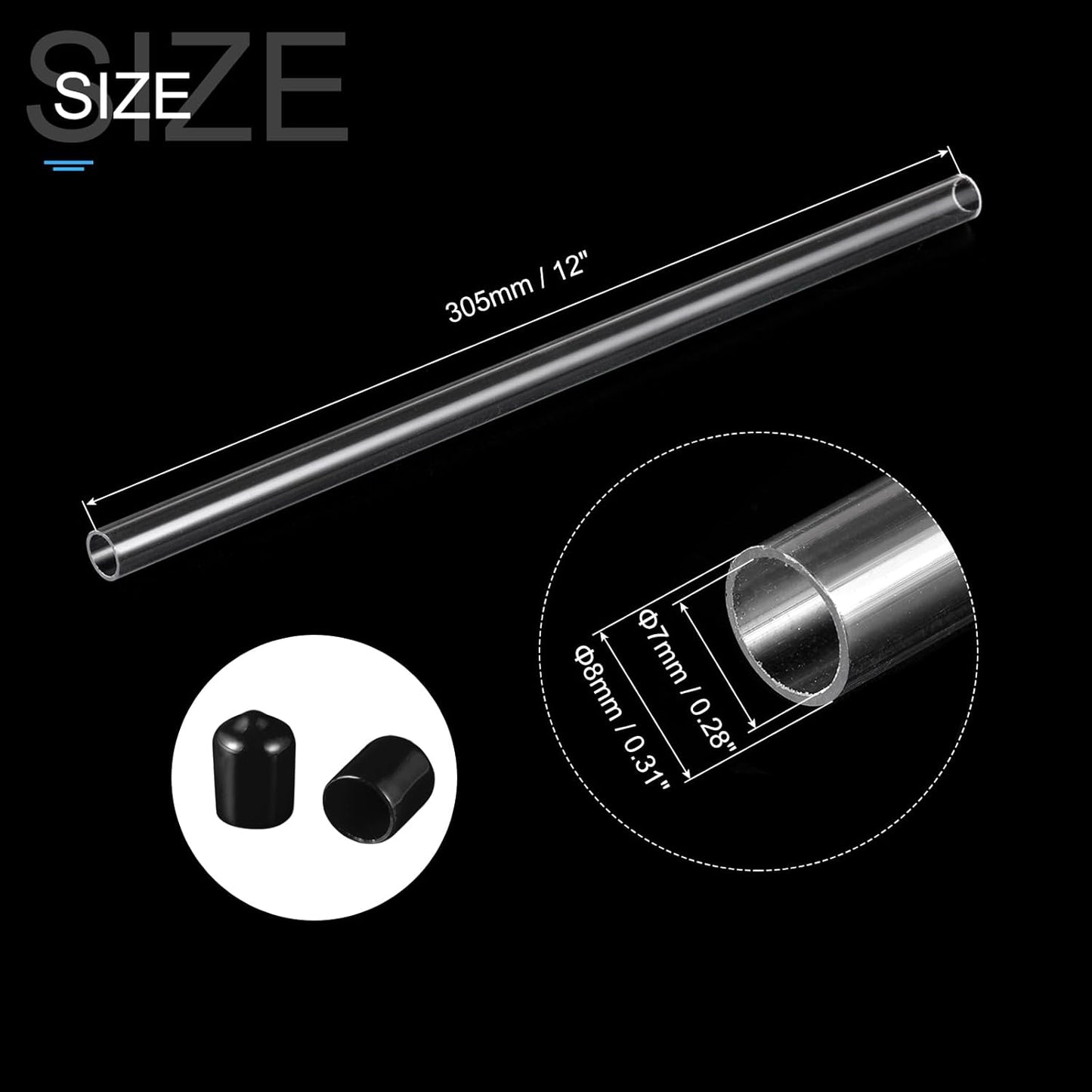 PATIKIL Clear Rigid Tube Round Plastic Tubing with Black Rubber Caps Polycarbonate Water Pipe, 305mm/ 12 Inch Length, 7mmx8mm/0.28"x0.31", 2 Set