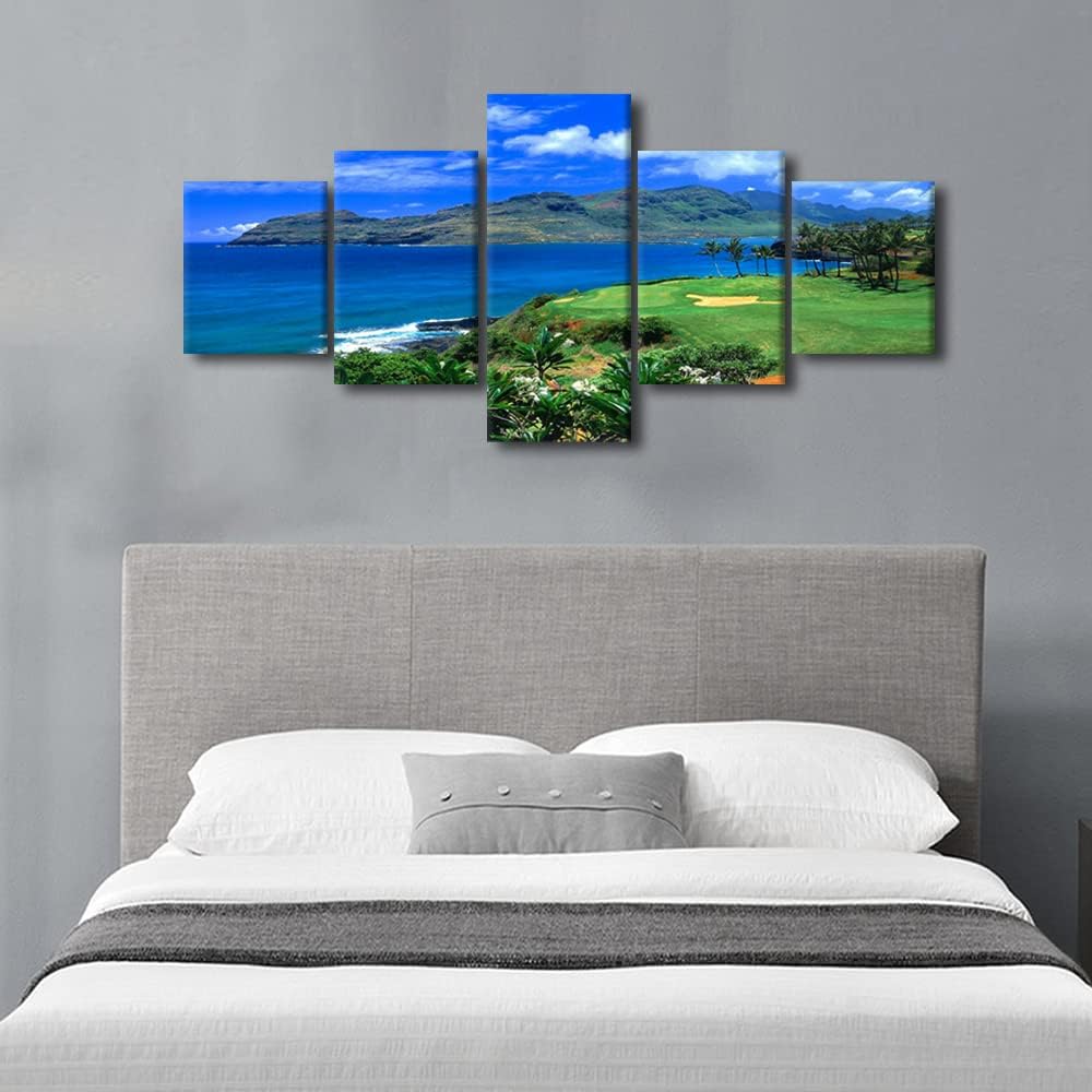 Lagoons Golf Course Wall Art Hawaii Ocean Golf Course Wall Decor Posters Framed Paintings Canvas 5 Panels Wall Art for Living Room Bedroom Office Wall Decorations Framed Ready to Hang - 50" W x 24" H
