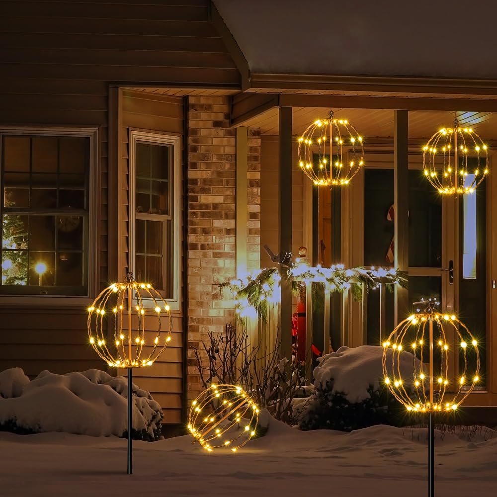 Lightshare 10In 48Led Light Ball Yard Decoration Pathway Lights Sphere Light With Fold Flat Metal Frame Indoor Outdoor Waterproof Garden Lights  Brown Frame / Warm White Lights  10