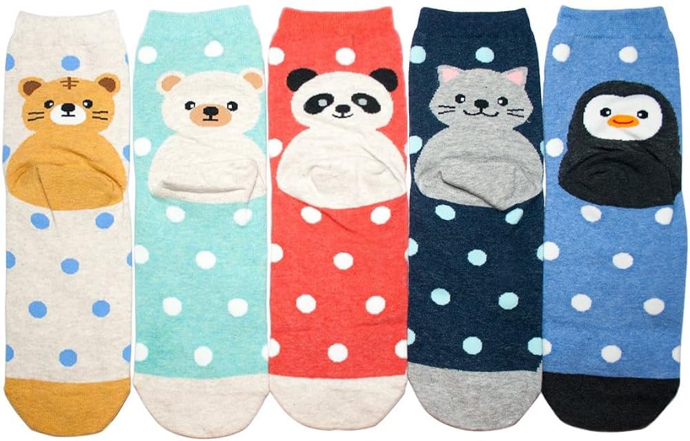 KONY 5 Pack Women's Cute Animal Socks Cotton Cat Dog Duck Patterned Novelty Fun Crew Socks Gift Size 6-9 (Panda)