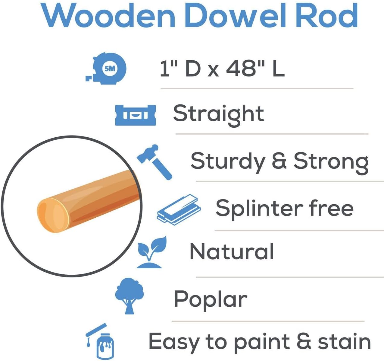 Wooden Dowel Rod, 1 Inch x 48 Inch Wood Dowels, Pack of 10 Wooden Dowels for Crafts, Unfinished Hardwood Wooden Dowels Rods, Strong Wood Rod Dowels for Crafting and DIYers