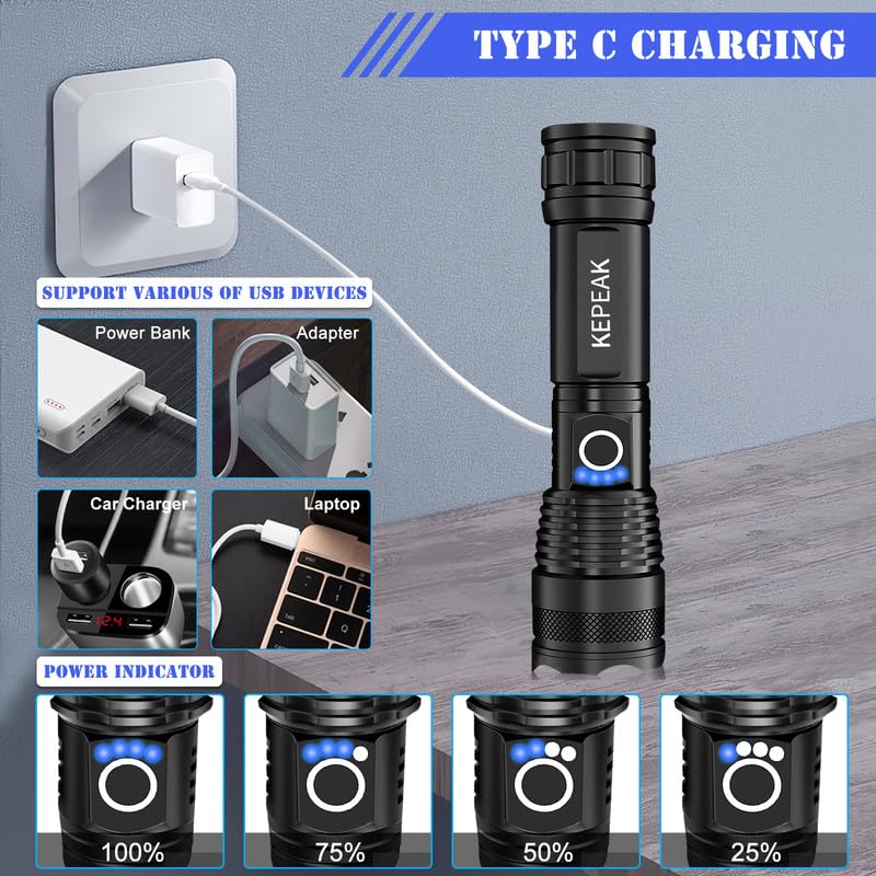 KEPEAK Rechargeable LED Flashlight, High Lumens, Zoomable, 5 Modes, Waterproof, Black, Model Yitiflashlight, 1 pcs