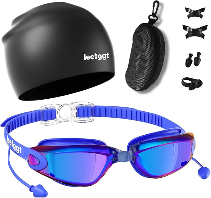 LEEIGGT Swim Goggles Set with No Leak Anti-Fog & Anti-UV Swimming Goggles Nose Clip, Swim Cap and Case for Men Women Adult