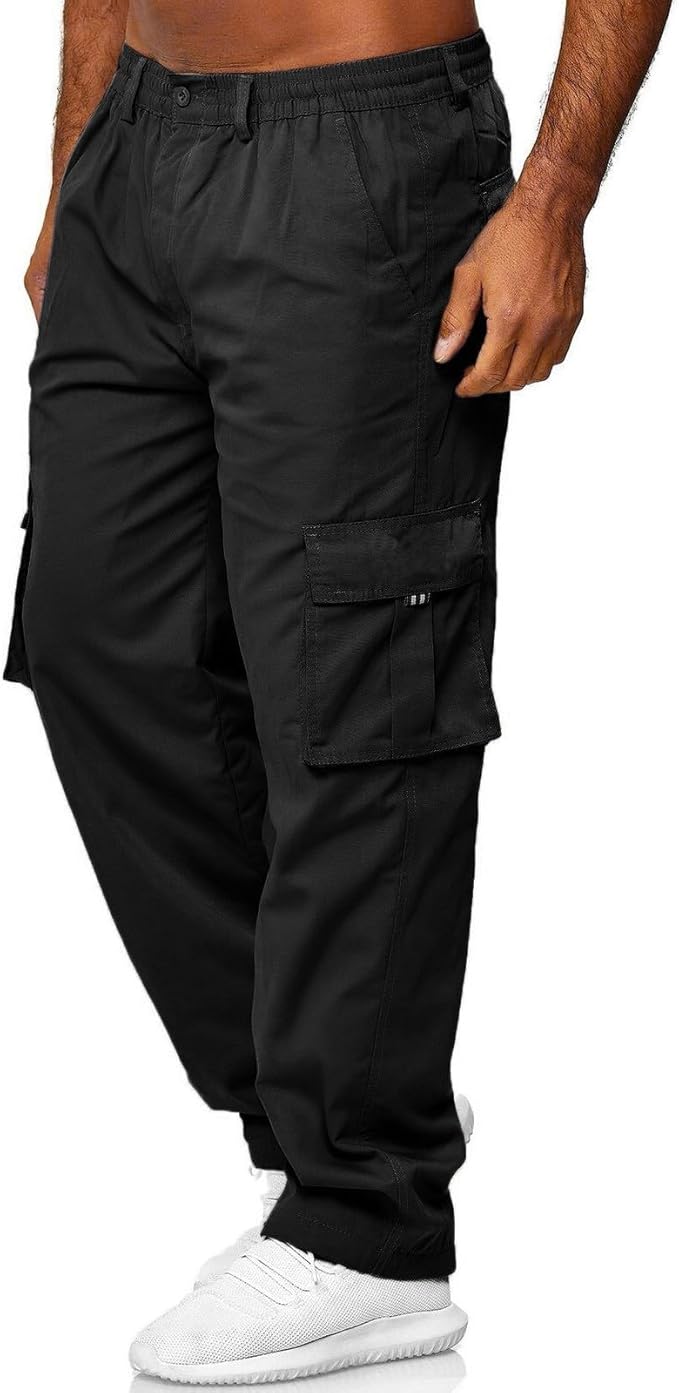 Men Baggy Cargo Pants Button Elastic Waisted Comfort Joggers Pants Workout Straight Leg Lightweight Athletic Hiking Trousers
