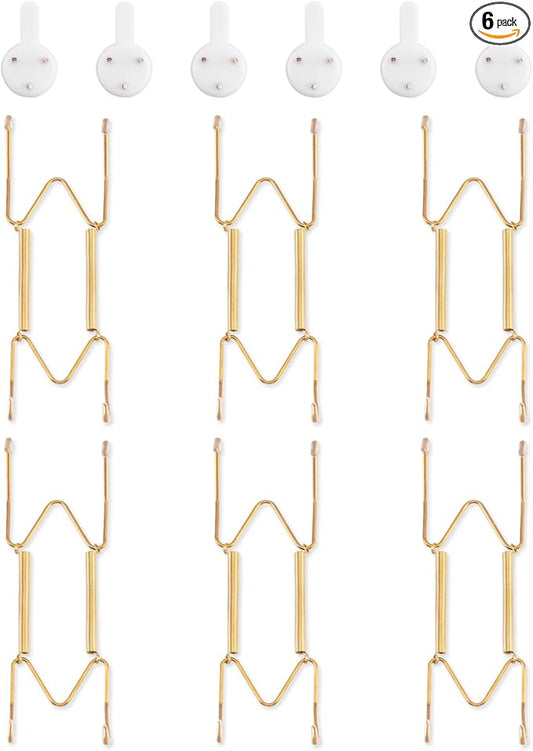 6 Pack Plate Hangers for The Wall, Suitable for 6-8 inch Art Plate, Stainless Steel Invisible Heavy Duty Wire Plate Holder with Wall Hooks, Plate Hangers for Displaying Plates, Platter, Dish, Gold