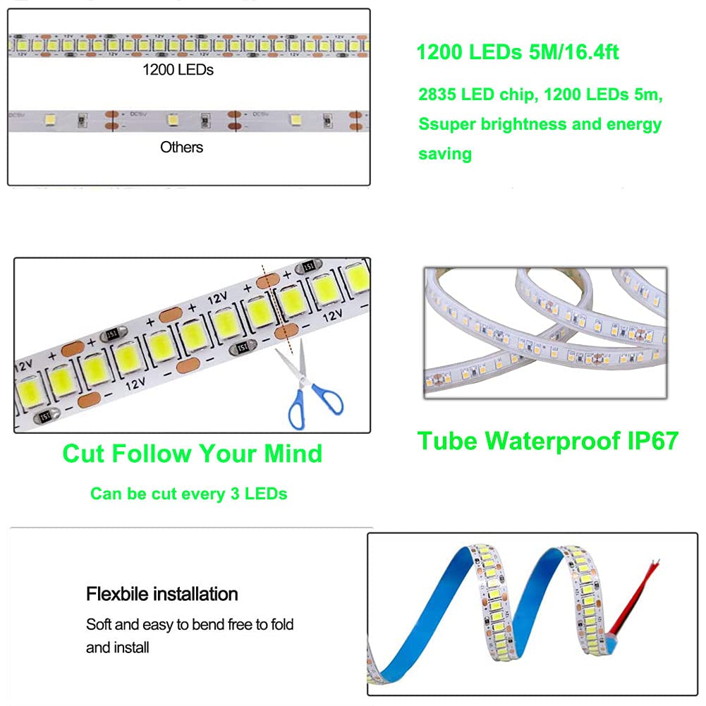 Suyooulin Led Strip Lights, 16.4Ft Smd 2835, 1200 Leds, Dc12V, Waterproof Ip67, 26000Lm Bright Green, Model