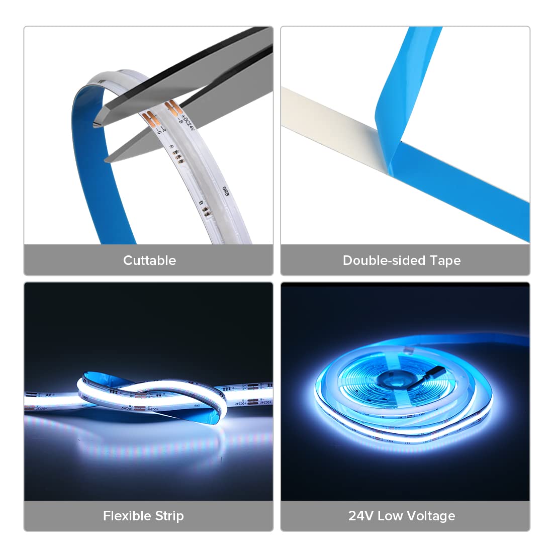 Sezo Rgbw Cob Led Strip Light, 9.84Ft, 24V, 896 Leds/M, Vinyl, Multicolor, Warm White 3000K, Model M1Fob