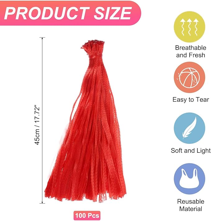 uxcell 100PCS Reusable Mesh Produce Bags, 17.7 Inches Egg Hatching Bags Washable Breathable Fruit Net Stretchable Mesh Netting Storage for Seafood Vegetable Onion Grocery Shopping, Red