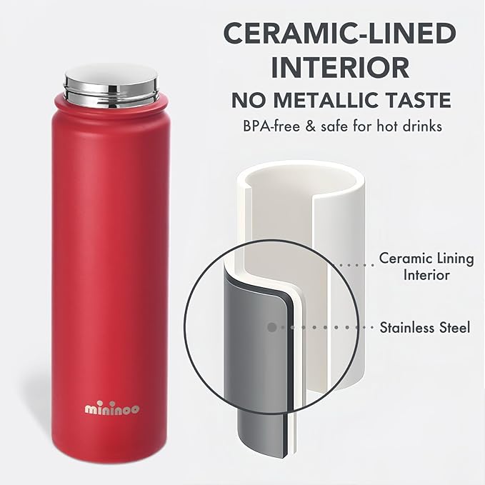 Insulated Stainless Steel Water Bottle with Straw, Ceramic-Lined, BPA-Free & Leak-Proof, 24 oz, Red