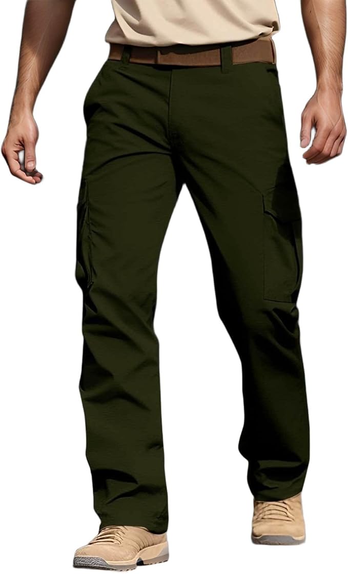 Men's Wide Leg Cargo Pants High Elastic Waist Cotton Drawstring Pants Casual Comfort Lightweight Hiking Trousers with Pocket