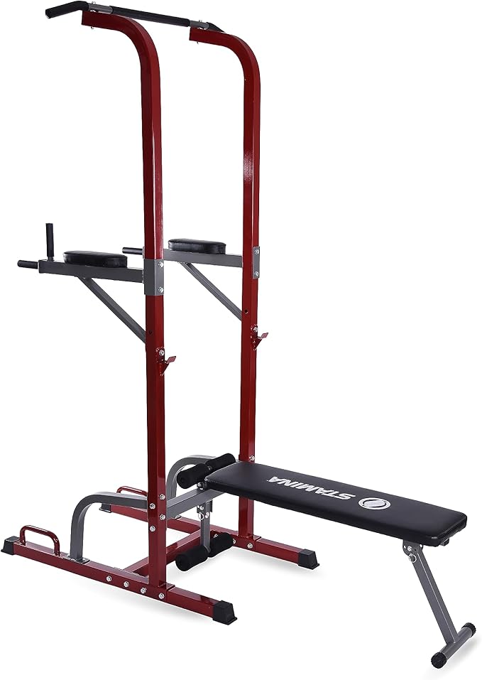 Stamina Full Body Power Tower 735 - Dip Bar with Built-in Bench and Rack - Pull Up Bar Station with Smart Workout App - Di...