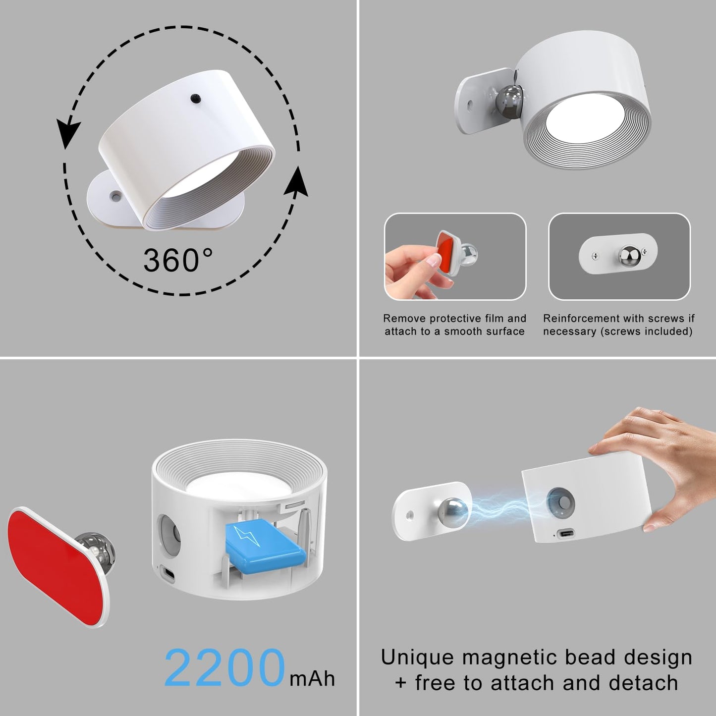 Koopala Rechargeable LED Wall Sconce, Cordless with Remote, 3 Brightness Levels, 360? Swivel, White, Model KP-DS126PRO-2PCS-WG-US