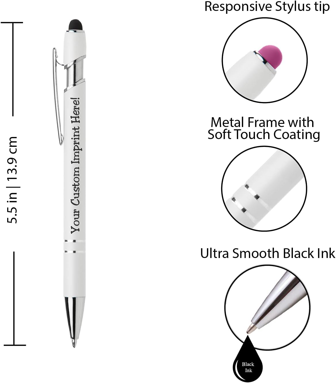 ExpressDesigns™ - Premium Custom Pens with Stylus | Beautiful White | Personalized Soft-Touch Metal Printed Name Pens w/Black Ink - 12 pack (Yellow)