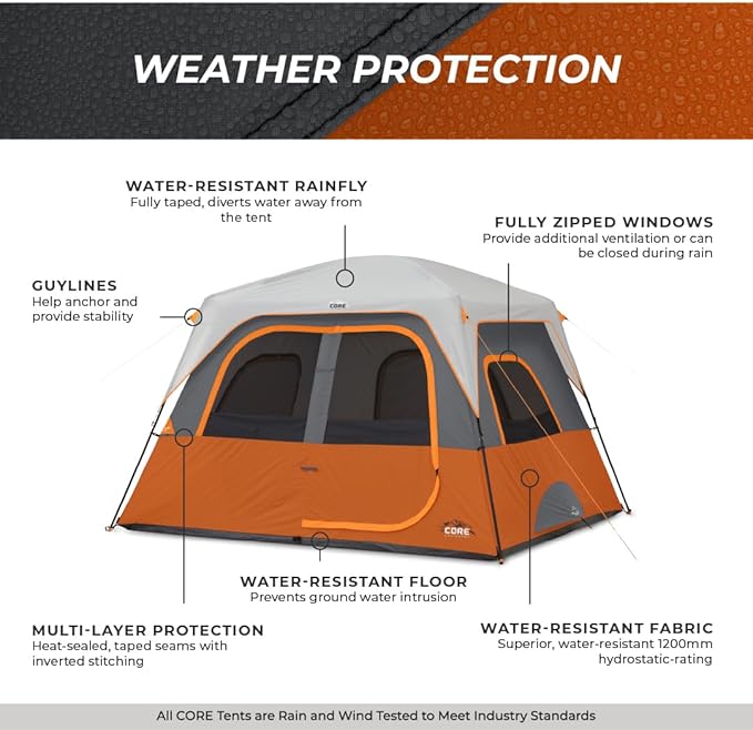CORE Tent for Family Camping | 4 Person & 6 Person Portable Camp Tent with Carry Bag for Outdoor Car Camping | Included Gear Loft Organizer for Camp Accessories