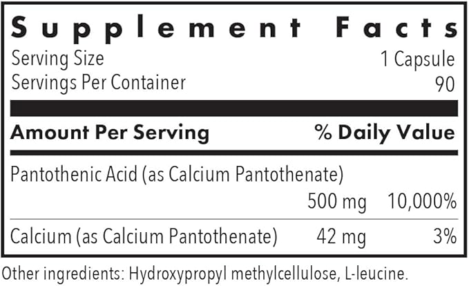 Allergy Research Group Pantothenic Acid - Vitamin B5 for Men & Women, Calcium, 500mg Supplement, Pure, Organic, Vegetarian Capsules - 90 Count