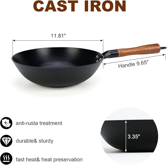 Pre-coated non-stick cast iron wok with wooden handle (no lid), suitable for gas, induction, and electric stoves, easy to use and maintain (12 inches)