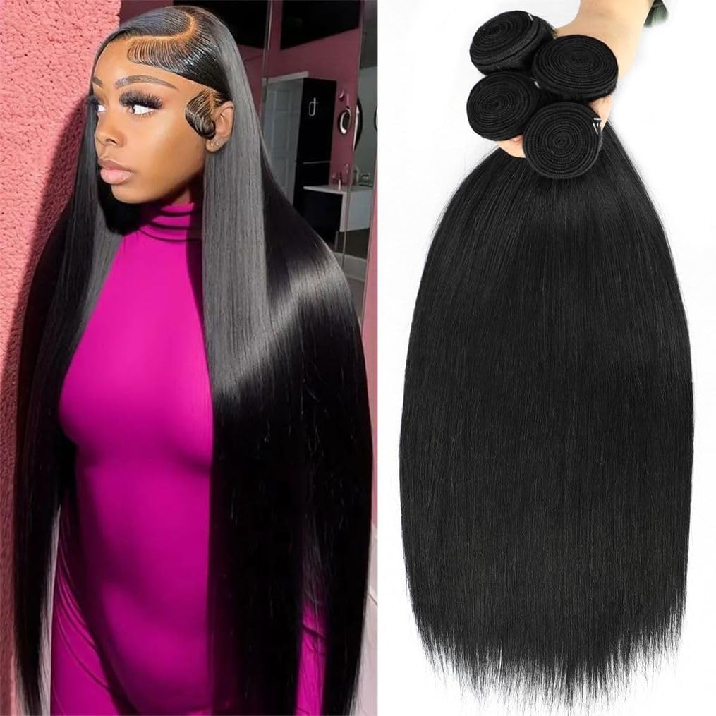 24 26 28 30 Inch 4 Bundles Human Hair Straight 12A 100% Unprocessed Brazilian Virgin Human Hair Bundlles Straight Natural Black,