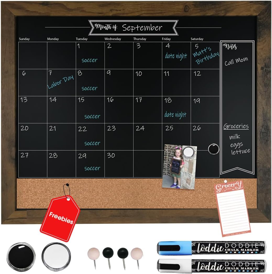 Loddie Doddie Chalk Board Calendar for Wall & Bulletin Combo - 18 x 24-Inch Rustic Frame - Writable Chalk Calendar Surface, Magnets & Push Pins - Menu Board for Kitchen
