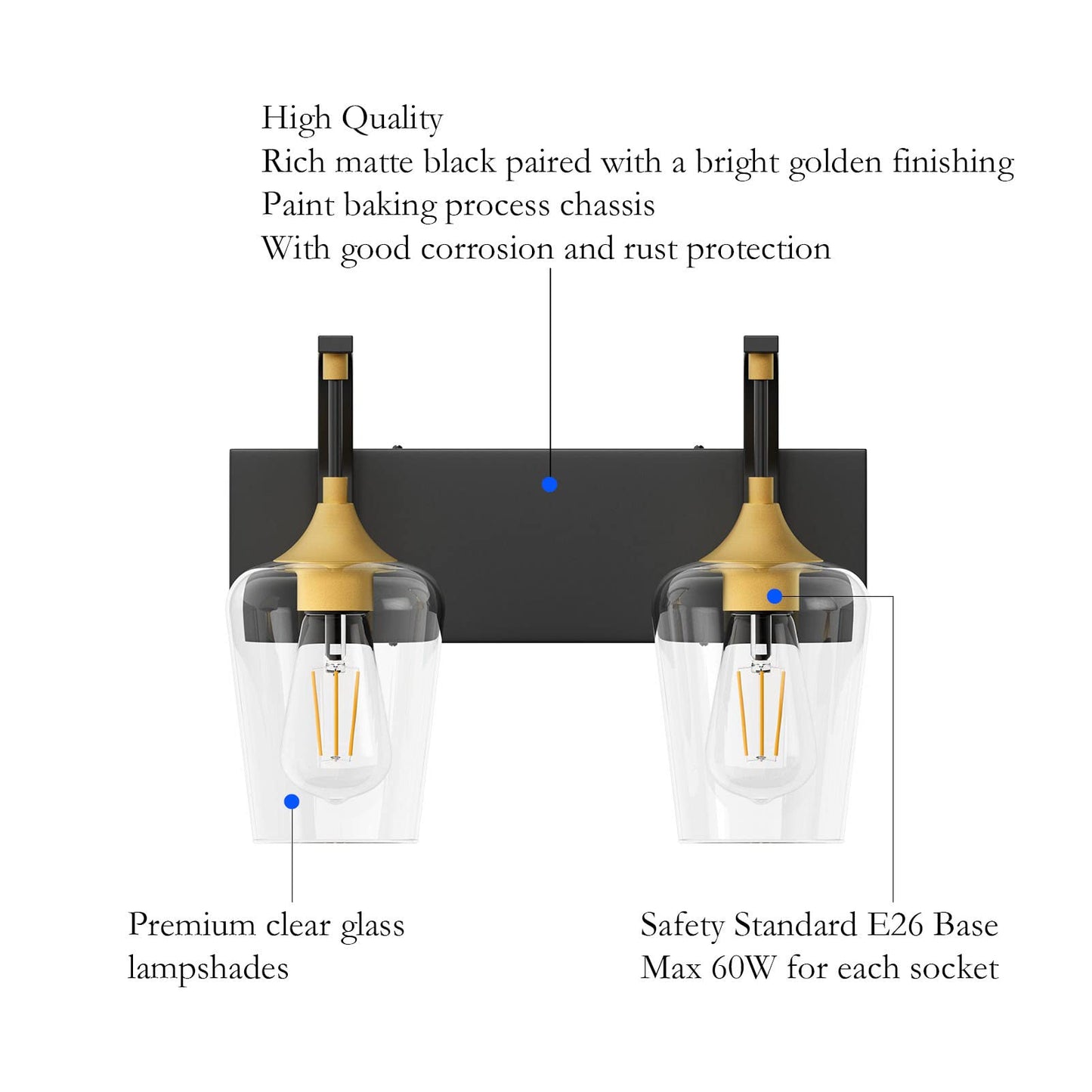 Ralbay Black/Gold Vanity Light 2 Lights Industrial Bathroom Light Fixtures Over Mirror With Clear Glass Black Bathroom Wall Mount Lighting Sconce
