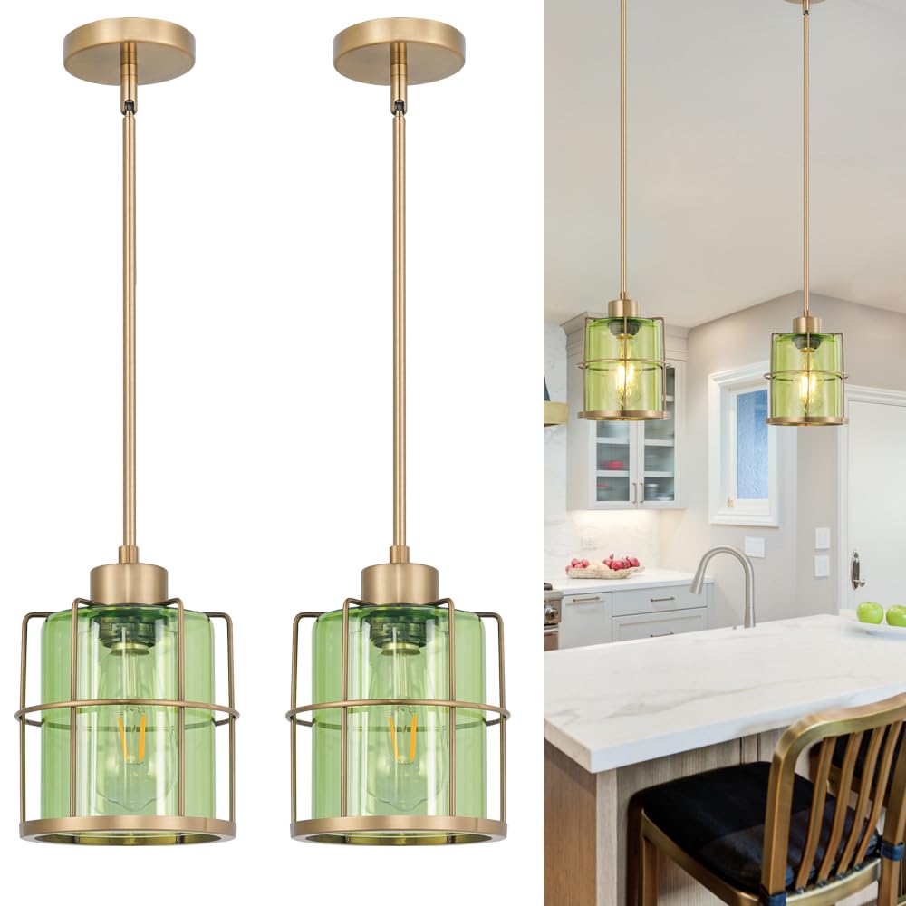 Farmhouse Pendant Lights Kitchen Island Set Of 2  Black Kitchen Pendant Lighting Over Sink  Adjustable Bathroom Pendant Lights  Ceiling Hanging Fixture With Green Glass For Dining Room Hallway