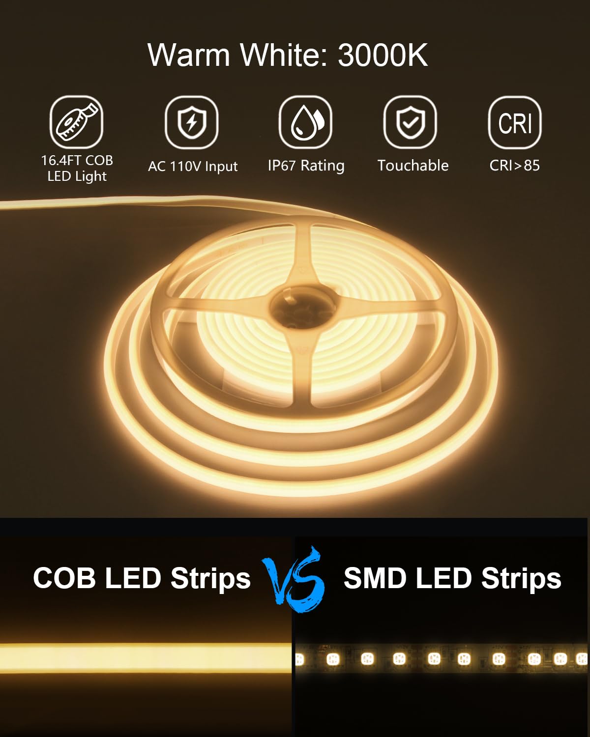 Alitove Cob Led Strip Light Outdoor Waterproof Ip67 Warm White 3000K 16.4Ft Ac 110V 120V Led Neon Rope Lights Super Bright 1440Leds Flexible Led Strip For Home Commercial Lighting(No Remote Dimmer)