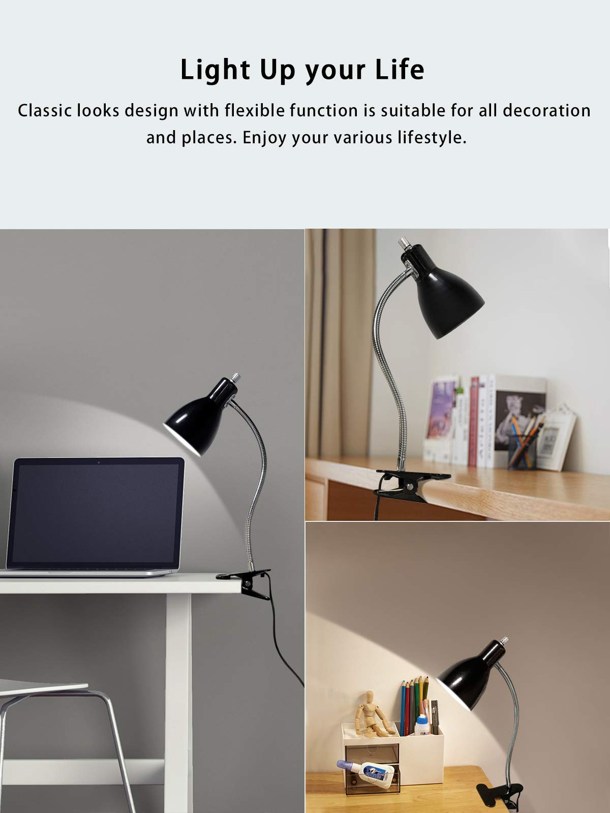 LALISU Desk Lamp Eye-Caring Gooseneck Clip Light, Portable Reading Lamp, Black, Model LALISULALITB004
