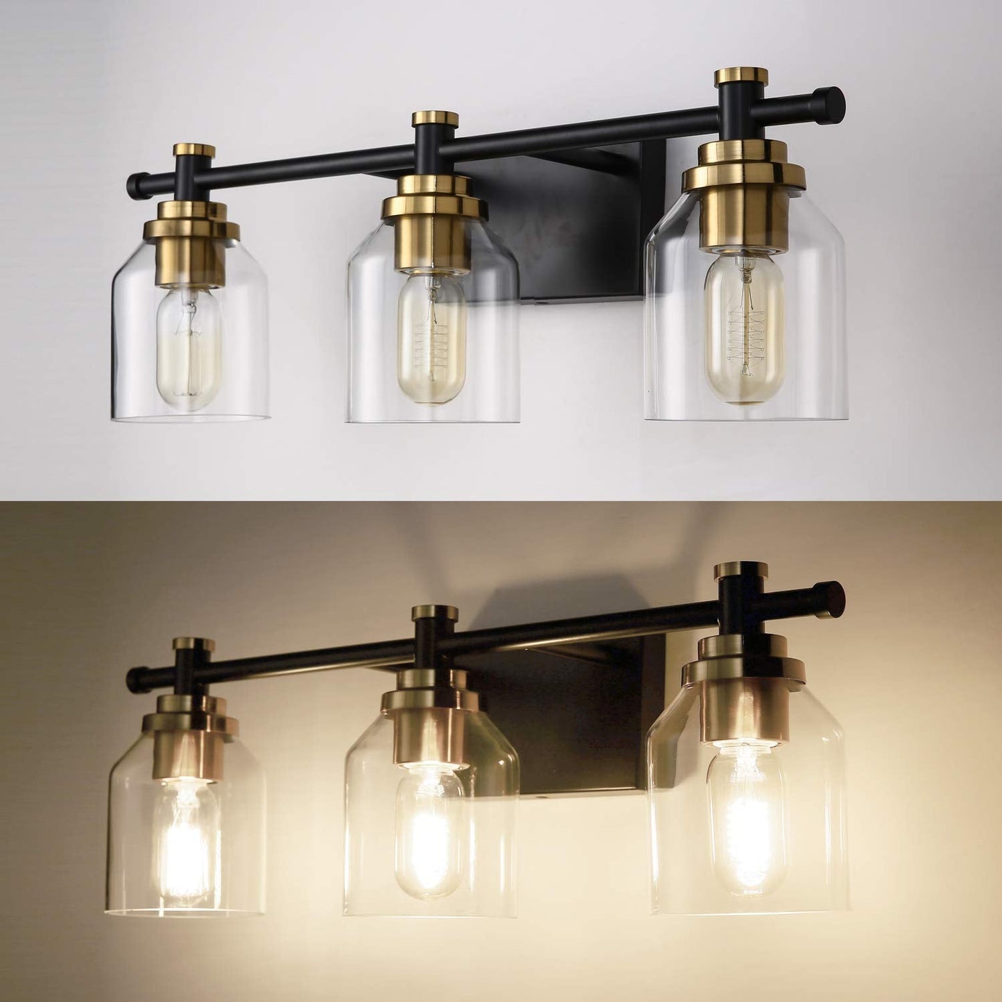 SOLFART Vintage 3-Light Bathroom Vanity Light Fixture, Glass Shade, Black and Brass, Model 7900