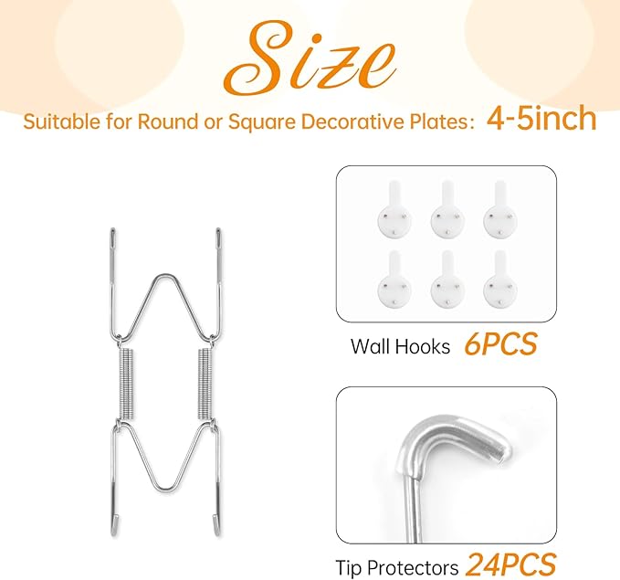 Bilillo 6 Pack Plate Hangers for The Wall, Suitable for 4-6 inch Art Plate, Stainless Steel Invisible Heavy Duty Wire Plate Holder with Wall Hooks, Plate Hangers for Displaying Plates, Silver
