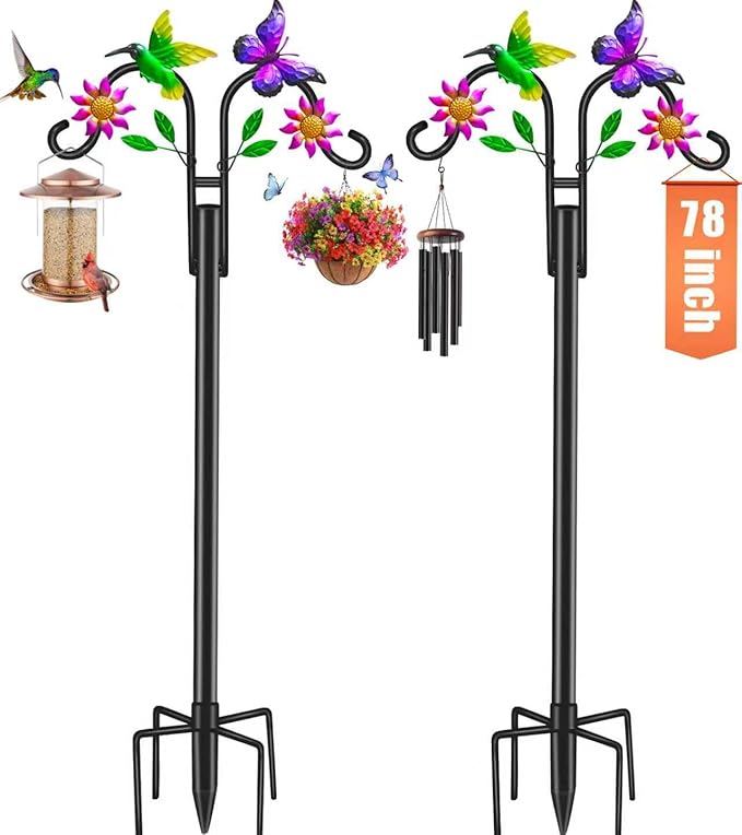 Double Shepherds Hooks for Outdoor, Artistic Hummingbird & Flower Design, 5 - Prong Base, Ideal for Bird Feeders, Baskets & Lanterns (1 Pack)