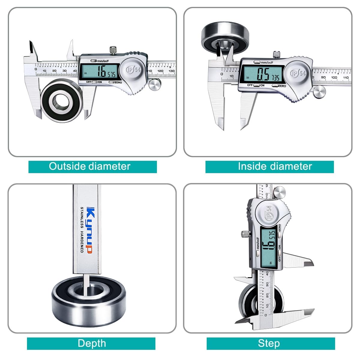 Kynup Digital Caliper, Caliper Measuring Tool Outside Micrometer, Vernier Dial Caliper, 6 Inch Caliper DIY Tool, Stainless Steel, IP54 Splash Proof, Inch Metric Fraction Switch, Large LCD Screen
