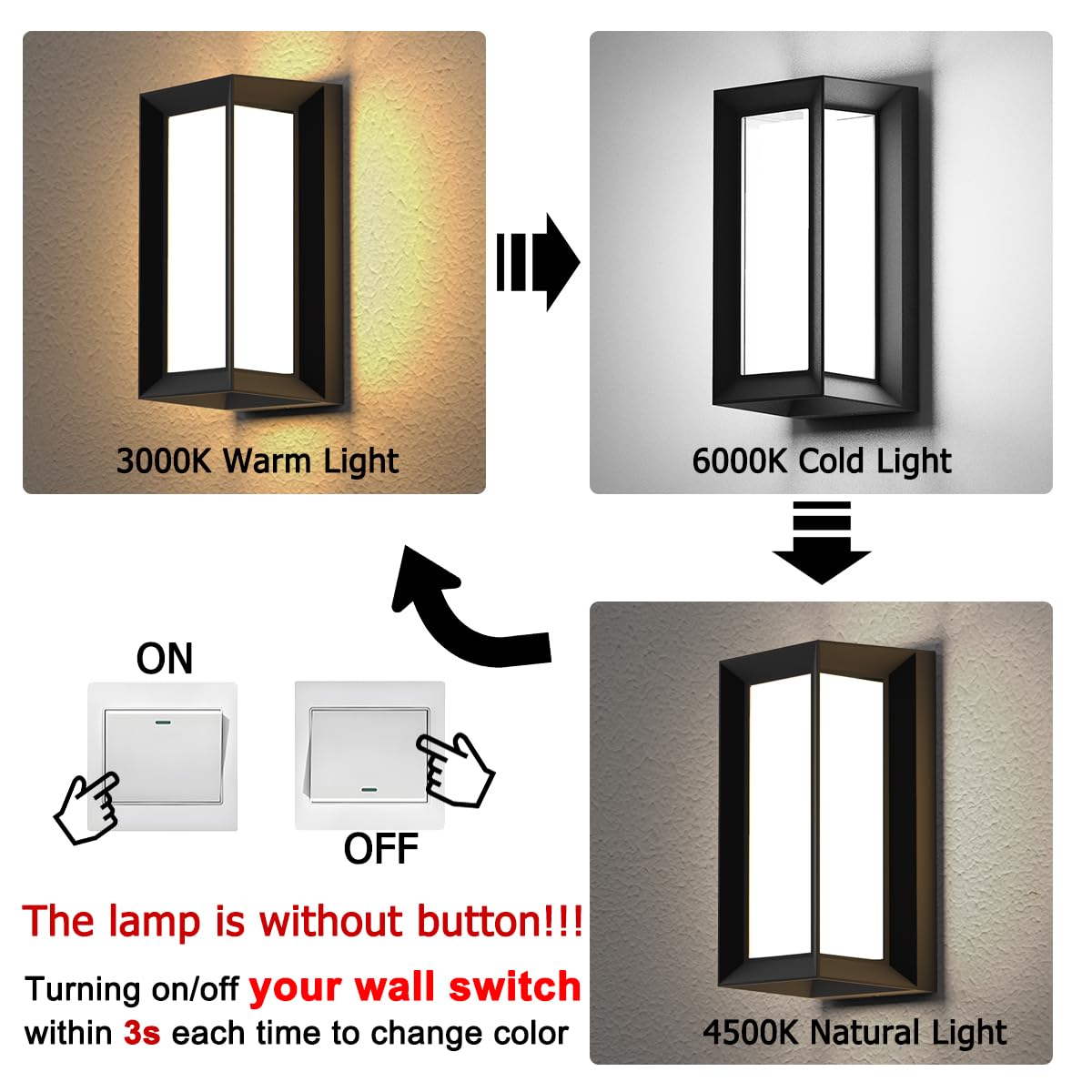 Sytmhoe Outdoor Wall Lights, 2-Pack LED Sconce, IP65 Waterproof, 3-Color, Matte Black, Model 4021-3CCT2P